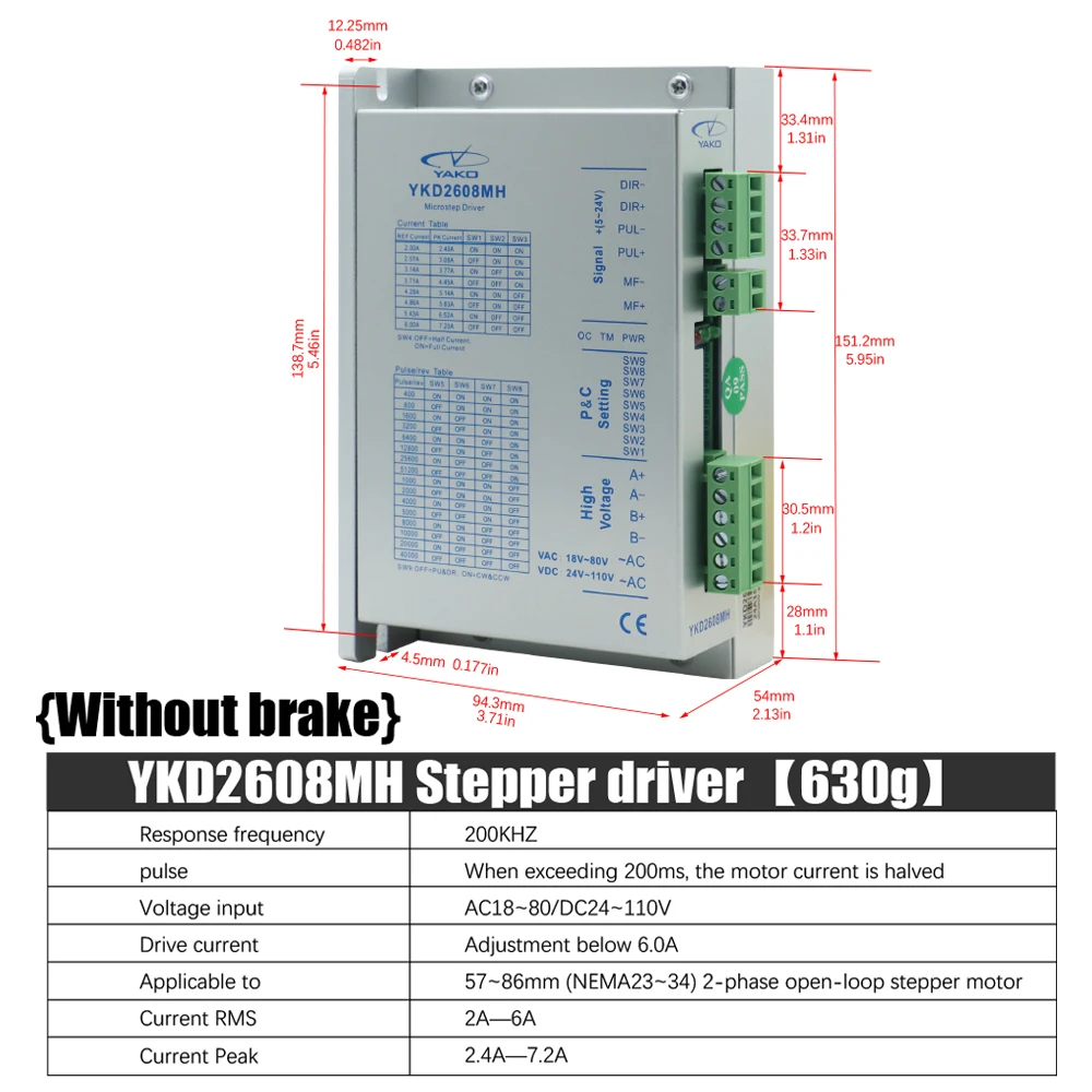 18~80VAC 24~110VDC 6A YKD2608MH Open Loop Nema 23 Nema 34 YAKO Stepper Driver