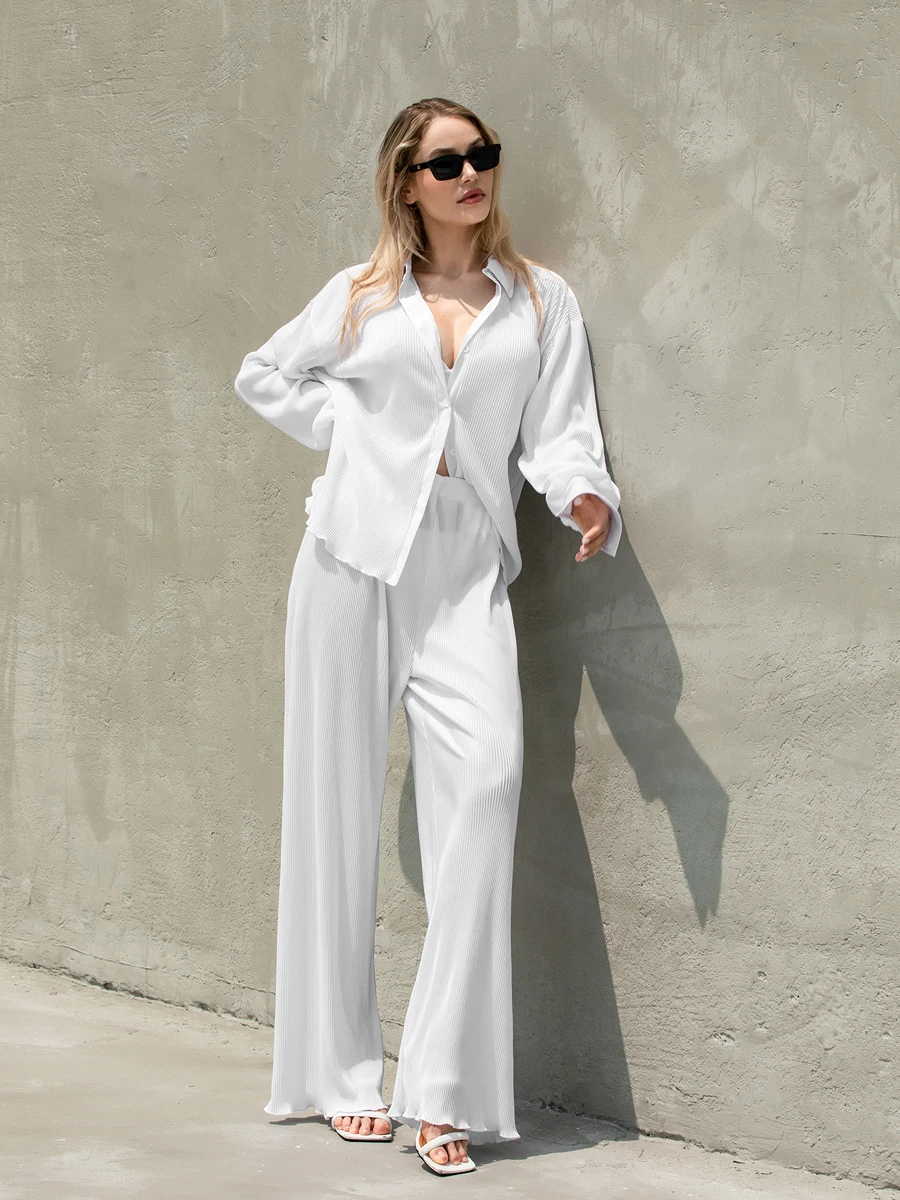 wsevypo Chic Two-Piece Pleated Shirts Pants Sets for Women Elegant Fashion Solid Color Loose Long Sleeve Lapel Button Tops+Pants