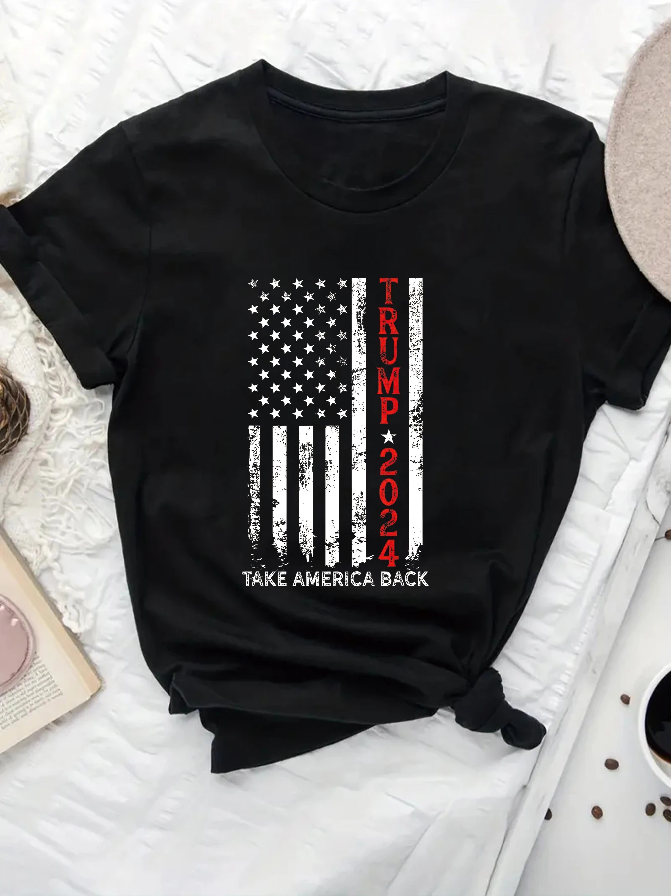 New Trump Take American Back 2024 Flag Pattern Printed T-shirt Summer Round Neck Women\'s Casual Comfortable Top