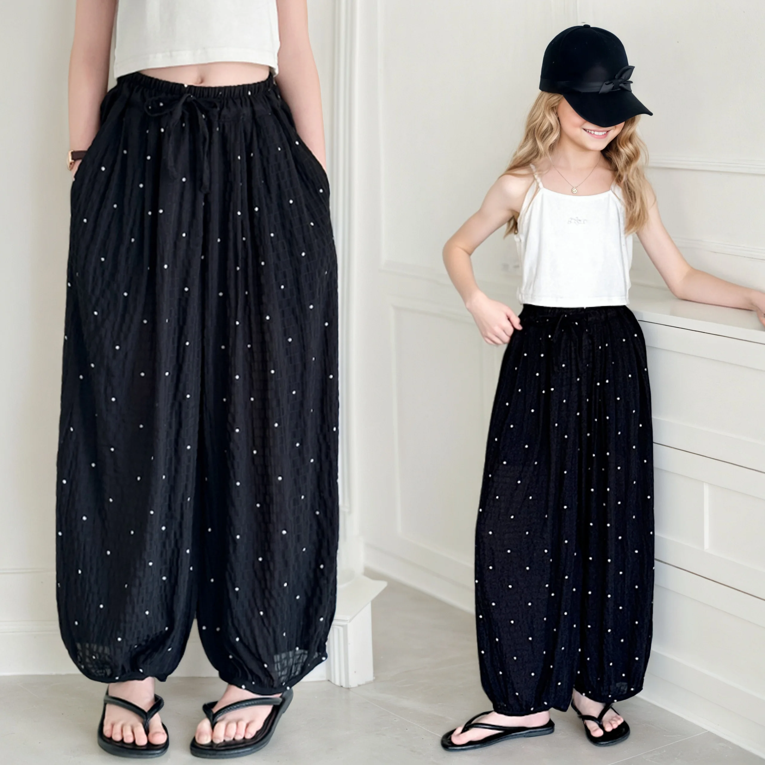 

Лето 2025 года, новые шаровары из тонкого ледяного шелка в горошек для девочек, штаны в горошек, детская летняя прямая верхняя одежда для детей 5-15 лет