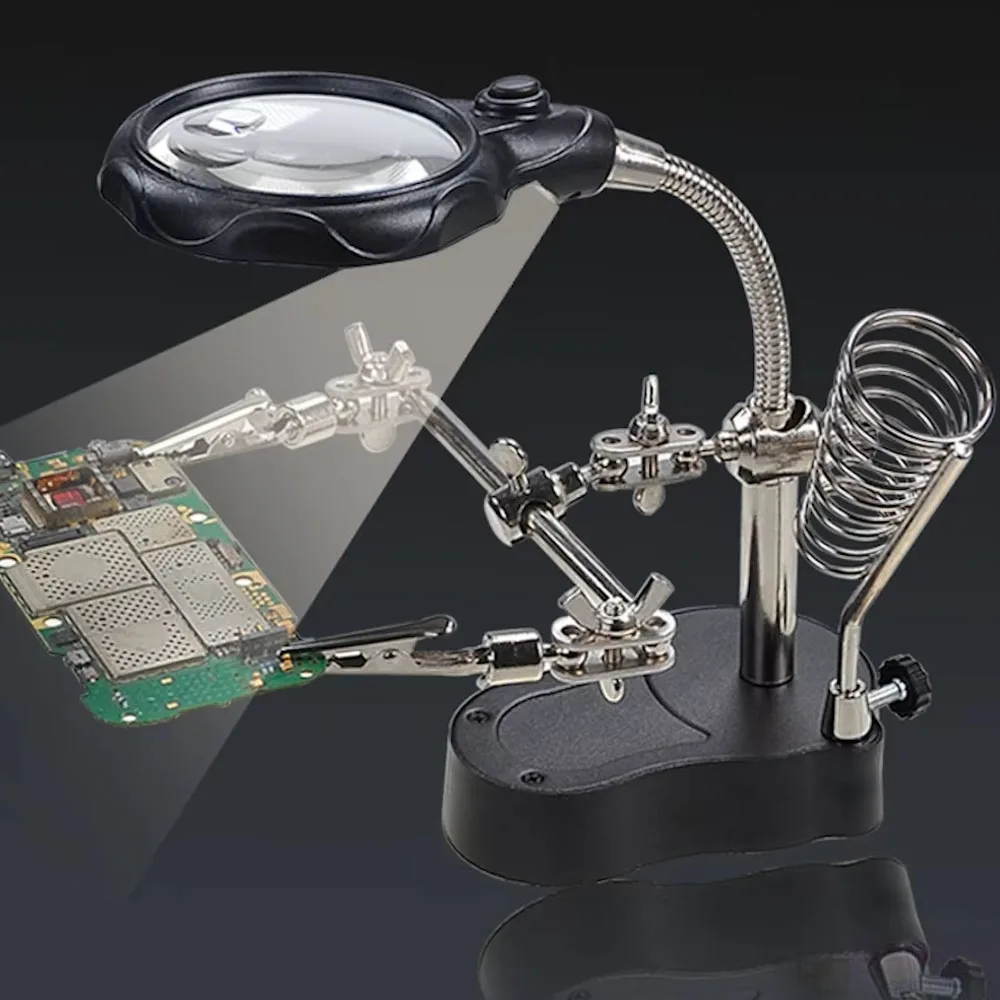 3.5X 12X Magnifying Glass LED Clip-On Welding Magnifier with Helping Hands Soldering Iron Stand Station for Precision Electronic