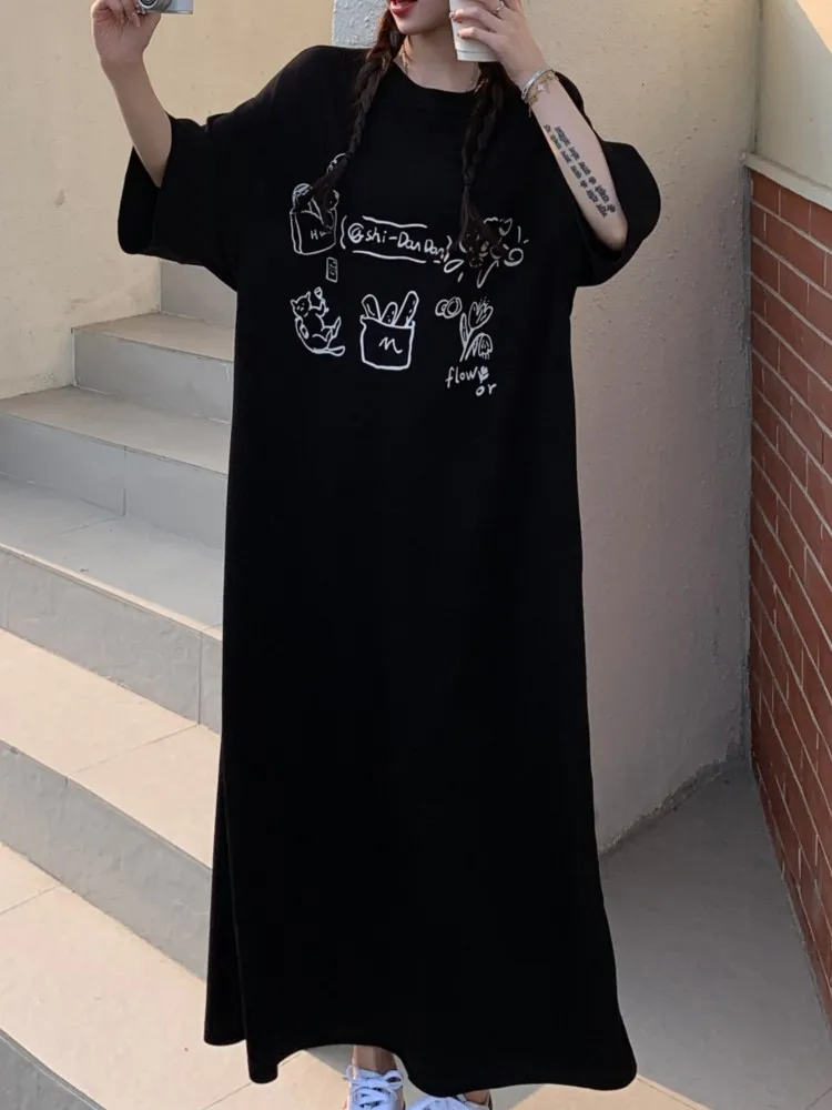 ฤดูร้อน Oversize พิมพ์ T เสื้อผู้หญิงขี้เกียจ Oaf ชุดผู้หญิงเกาหลีหลวม Elegant Vintage สุภาพสตรีชุดผู้หญิง Vestidos