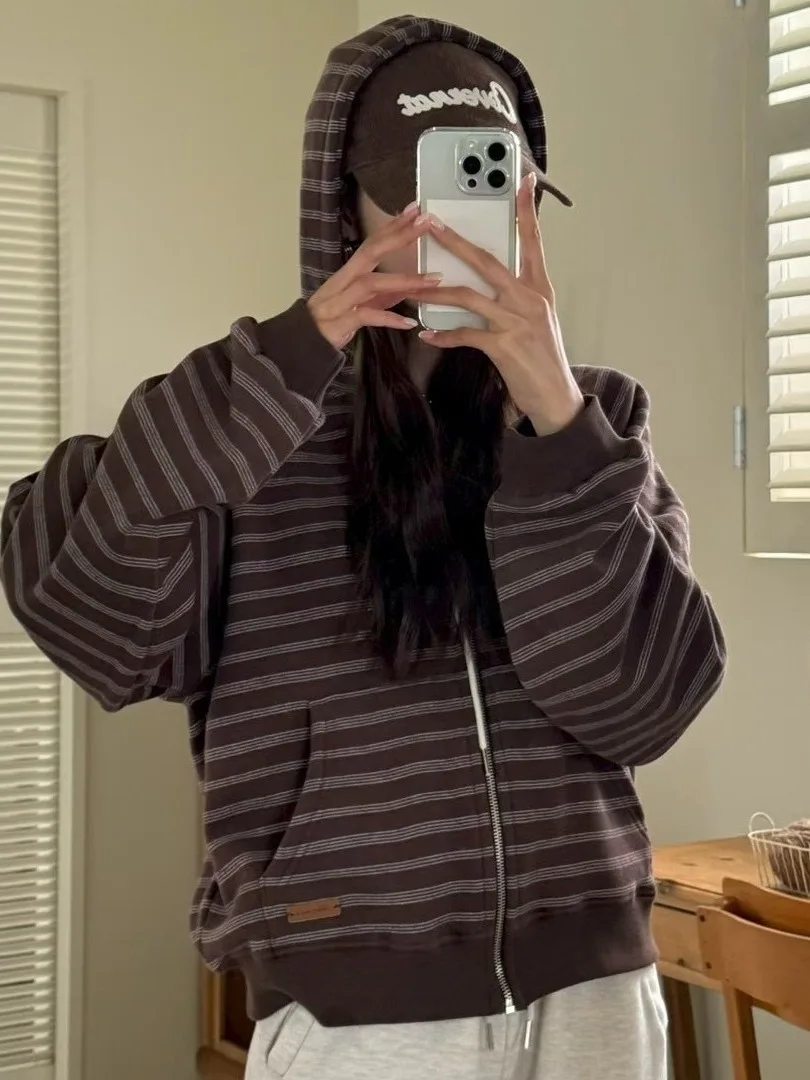 سترة بغطاء للرأس مخططة بتصميم كلاسيكي أمريكي Jaet للسيدات أنيقة وفضفاضة وكسول وسحاب مفتوح مجموعة شتوية #2