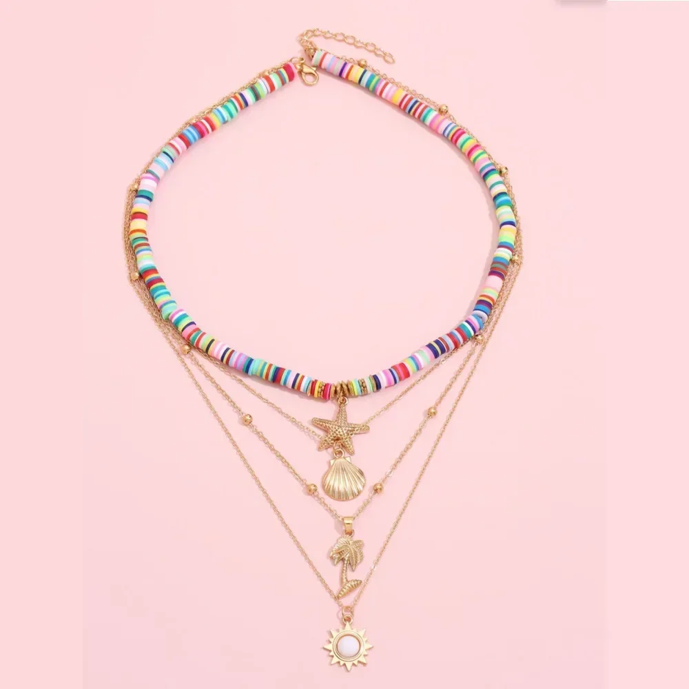 Bohemia Ocean Starfish Shells Pendant Mulitlayer Choker Necklace for Women Sweet Imitation Pearl Necklace Holiday Party Jewelry