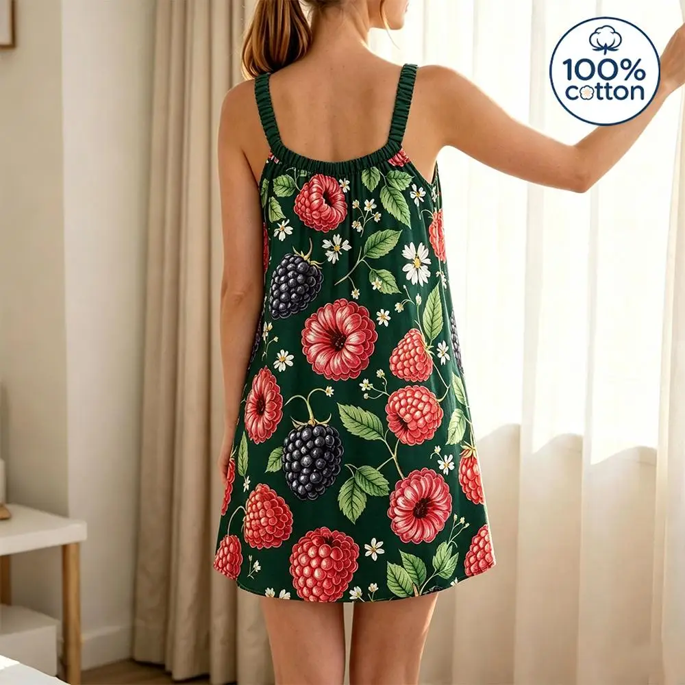 Summer Women's 100% Cotton Sleeveless Nightgown Berry Print Loose Mini Sleep Dress Ladies Casual Soft Skin-Friendly Homewear
