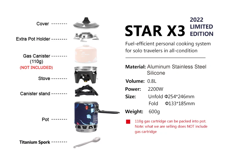 Fire Maple Camping Gas Burners Outdoor Solo Backpacking Cooking System 2200W 0.8L 600g with Piezo Ignition Gas Stove FMS-X3