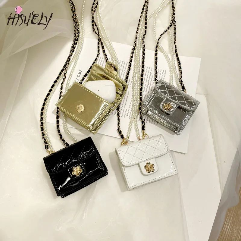 2024 Luxury Mini Leather Bag Women Hanging Neck Camellia Bags Rhombus Earphone/Lipstick/Keys bag Pearls Chain Chest Waist Pack