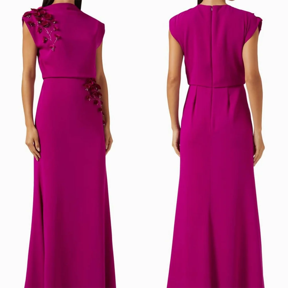 

Customized High Quality Rose red Jersey Evening Dress Graceful Crew Neck Sleeveless Zipper Back Flowers Special Occasion Gowns