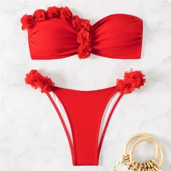 Red Mesh Flower Bandeau Bikinis Sets Sexy Swimsuit Women Thong Swimwear Push Up Bathing Suit Beach Wear Bikini Mujer Biquinis