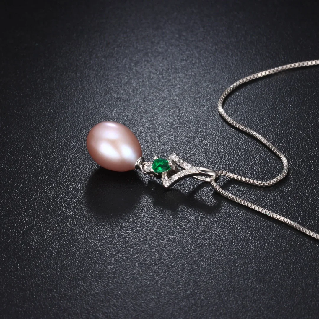 

HENGSHENG 8-9mm Rice Shape Natural Freshwater Pearl Necklaces for Women 925 Silver Green Gem Pendant Necklace Jewelry Gift