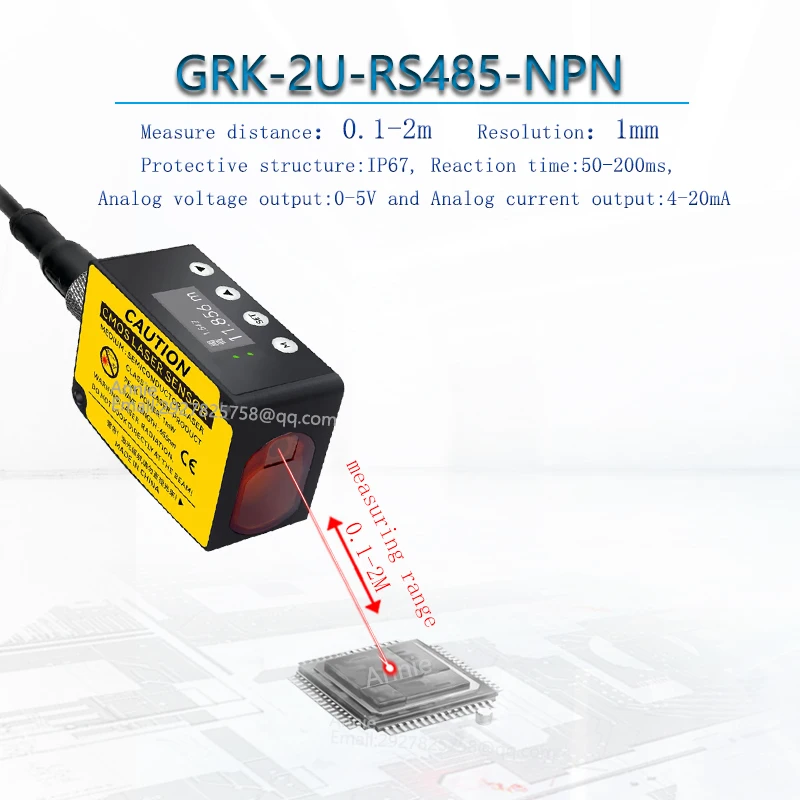 

Measuring distance 0.1-2m IP67 12V-24V DC CMOS RS485 Distance 2m Measurement Laser ranging sensor