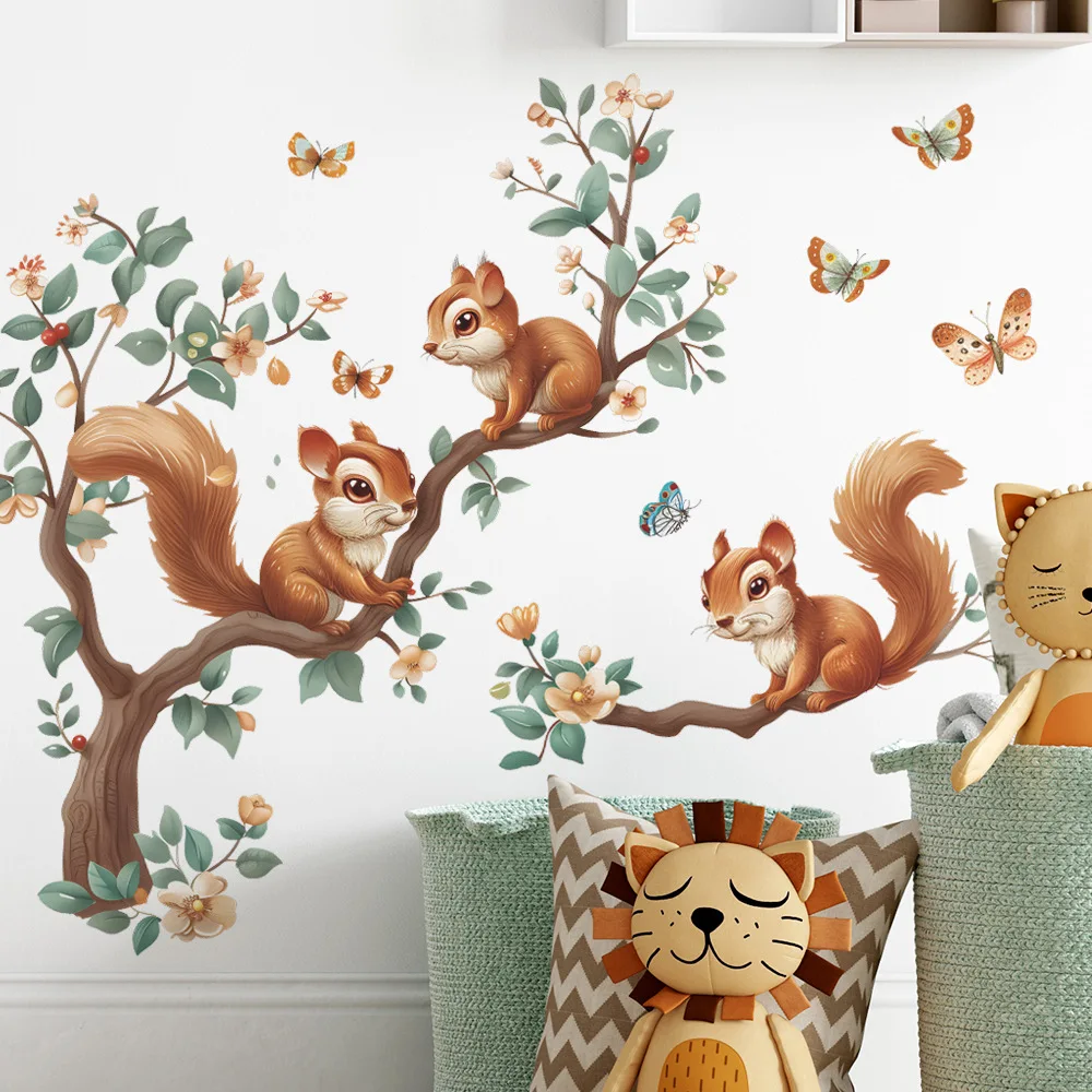 Fashion cute cartoon squirrel climbing tree butterfly children's room kindergarten background layout wall stickers