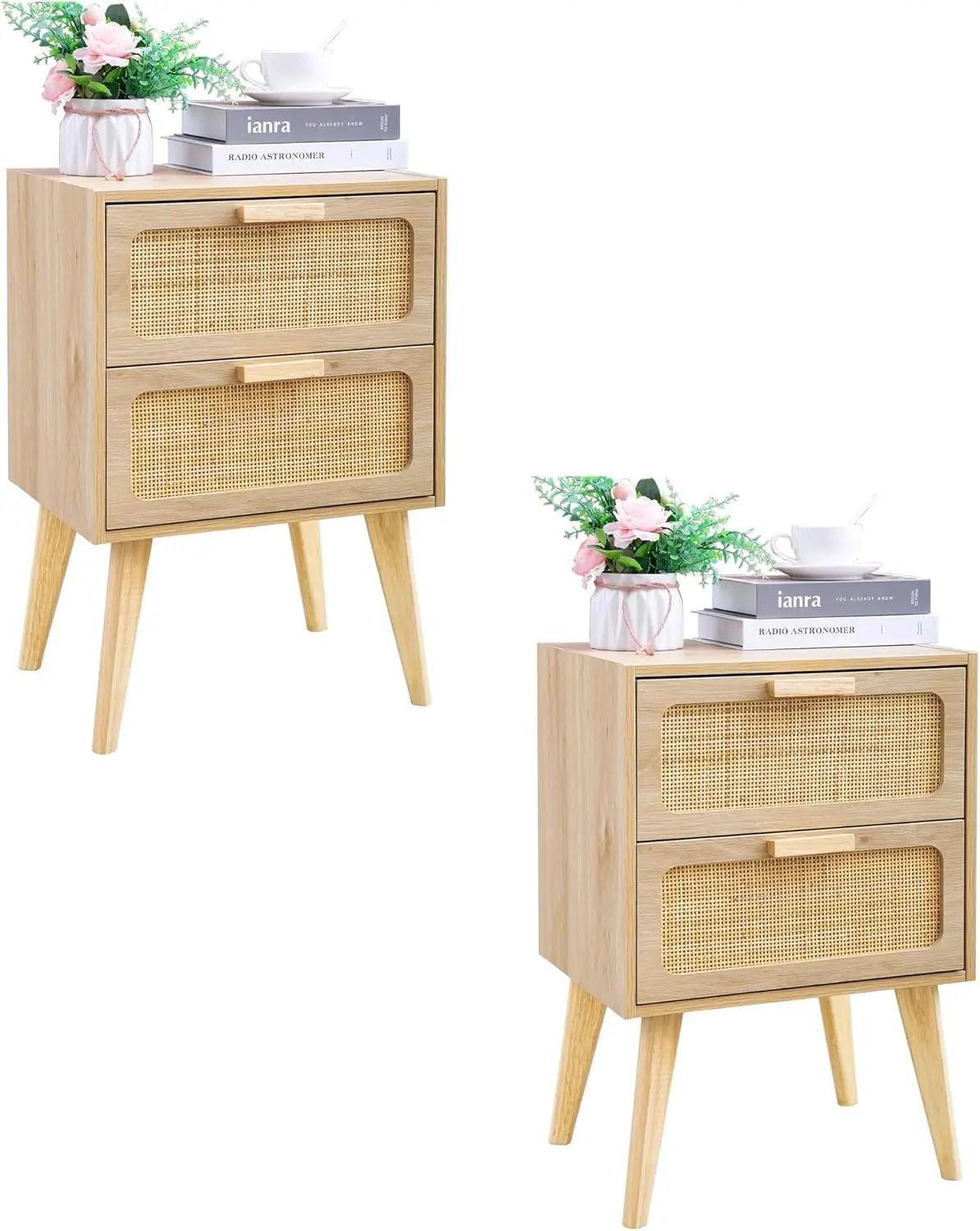 

Rattan Nightstand Set of 2, Handmade Storage Side Table, Boho Bedroom Furniture, Natural Wood Accent Table for Small Spaces