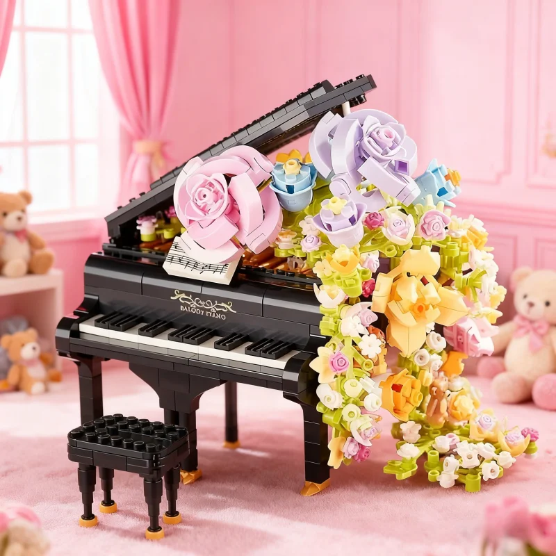 The Symphony of Building Blocks Flowers Assembling Male and Female Flower Bouquets Series Violin Piano Toys Small Particle Gifts