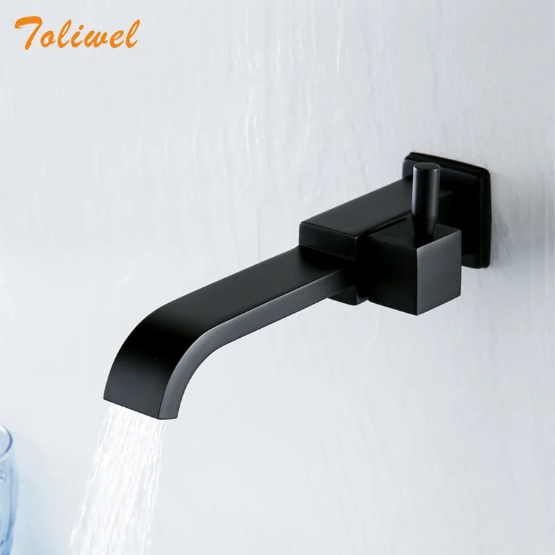 Bathroom Basin Faucet Wall Mounted Cold Water Faucet Bathtub Waterfall Spout Vessel Sink Faucet Mop Pool Tap Matte Black Square