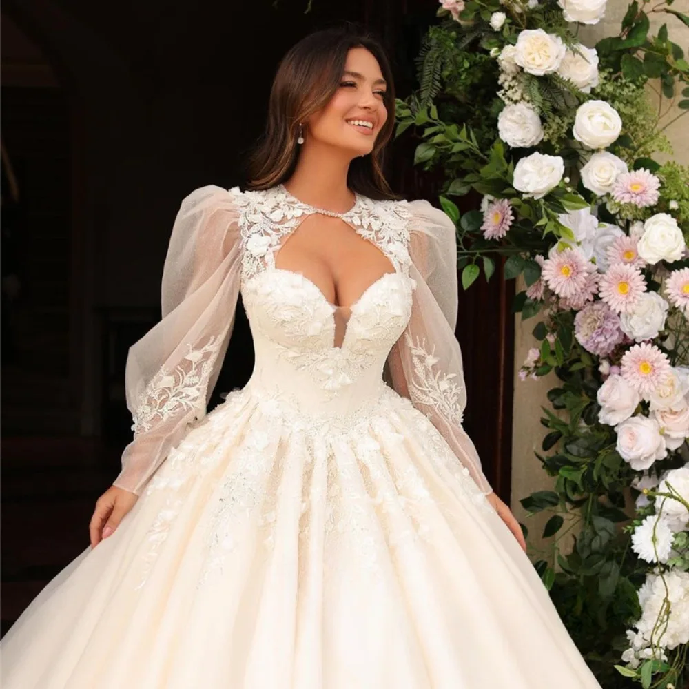 Princess Sweetheart Tulle Wedding Dresses With Puff Long Sleeves Applique Floor Length Bridal Gowns Robe de mariage