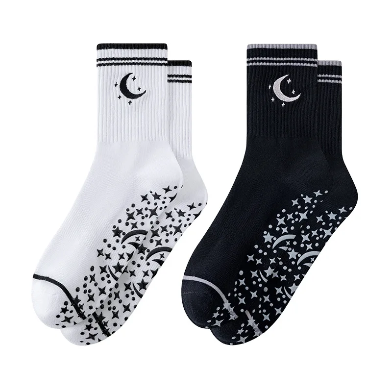 

Pilates Socks Women Cotton Moon Star Embroidered Silicone Non-slip Grip Yoga Crew Socks