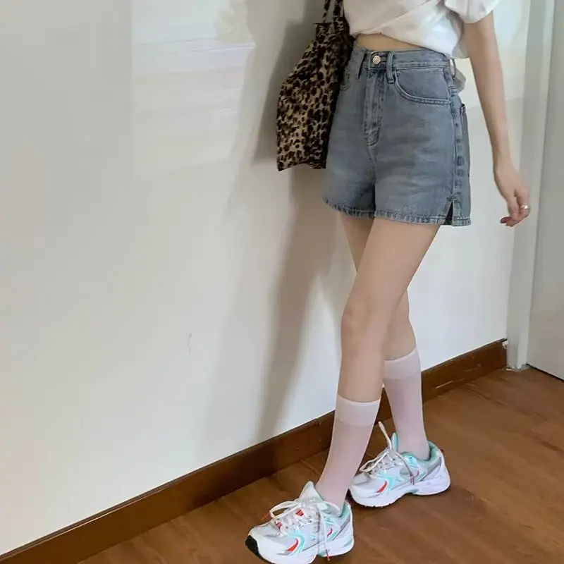 Verano cintura alta Denim orts mujer picante adelgazante versátil estudiante Color claro talla grande pantalones sueltos de pierna ancha A-Line Ho...