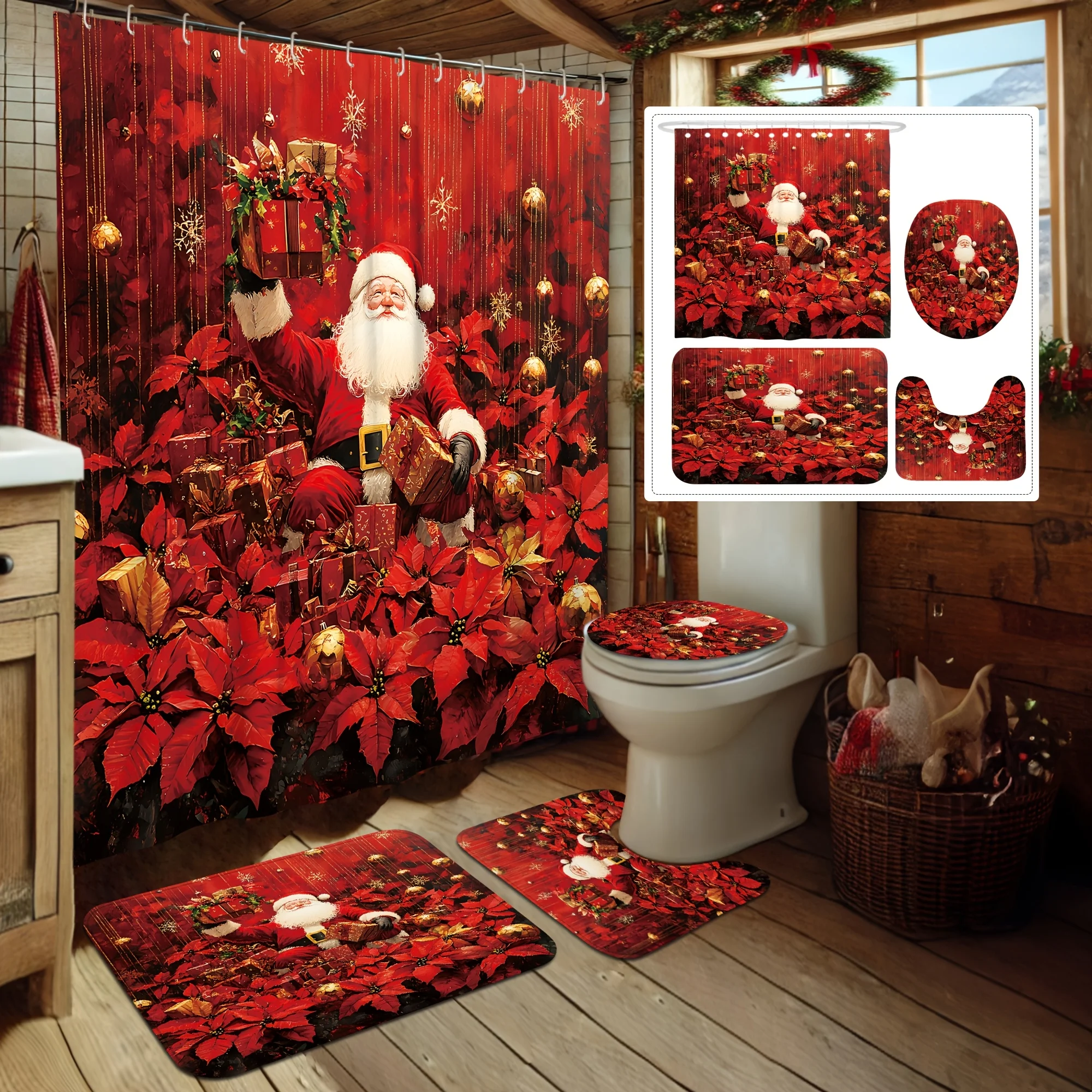 4Pcs Merry Xmas Winter Bath Set,Santa & Red Poinsettia,Holiday Bathroom Decor Gift,12 Hooks,Non-Slip U-Shaped Mat & Toilet Cover