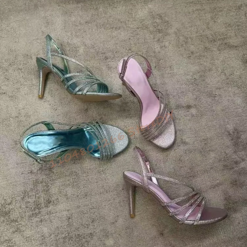 7 و 9 سنتيمتر كعب الوردي حجر الراين كعب مع الأحجار الكريمة لامعة صنادل عالية الكعب الصيف الفرقة الأشرطة أحذية النساء