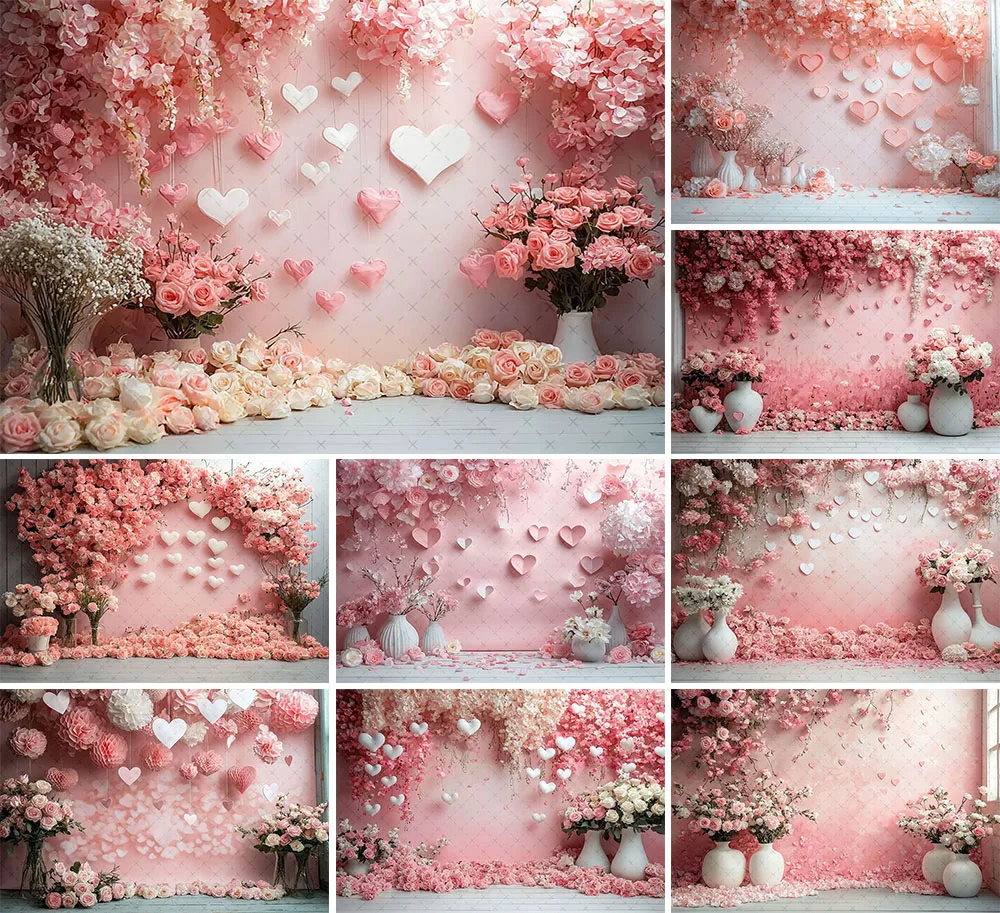 Mehofond-Toile de fond de photographie, mur floral rose, coeur d'amour, décor de portrait d'anniversaire d'enfants, toile de fond de studio photo, jour de Léon