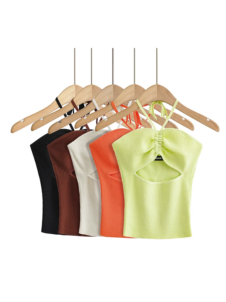 Summer Knitted Drawstring Halter Tops Women Solid Color Hollow Out Elastic Slim Crop Top 2022