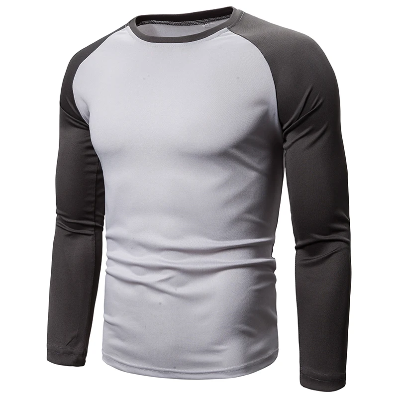 New men's color blocked top for foreign trade, four season men's long sleeved patchwork round neck men's T-shirt image 4
