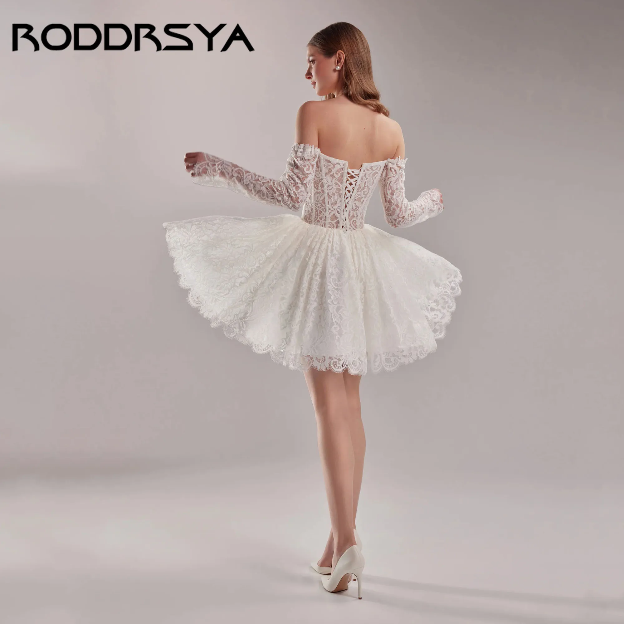 RODDRSYA Lace Mini Wedding Dress Modern Sweetheart A-Line Bridal Shower Dress 3/4 Sleeve vestidos de novia Backless Customized