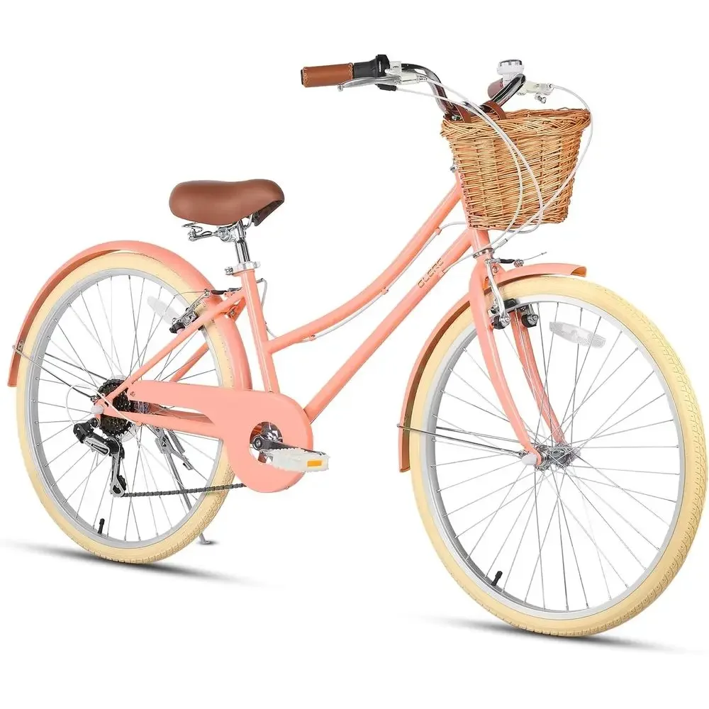 24-26 Inch 6-Speed Beach Cruiser Bike for Girls and Youths Over 6, with Wicker Basket & Lightweight Frame, Multi-Color Options