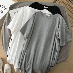 Comfortable Fashion Casual Pullovers Solid T-Shirts Round Neck Loose Straight Simplicity Short Sleeve Button Women's Clothing