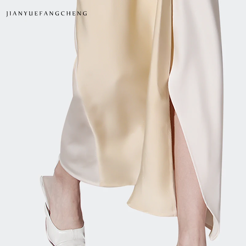 Mode Seidige Satin Gerade Lange Rock Frauen Hohe Taille Farbe Blockieren Beige Chiffon Elegante Fließende Ankle-Länge Röcke