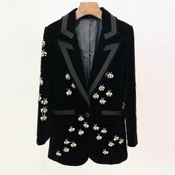 GIOIO-Chaqueta de terciopelo bordada con abeja para mujer, blazer formal de manga larga con cuello vuelto, bodycon de un botón, prendas de vestir