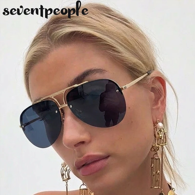 

Steampunk Semi-Rimless Pilot Oval Sunglasses Women 2026 Luxury Brand Vintage Metal Double Beam Sunglass For Ladies Punk Shades