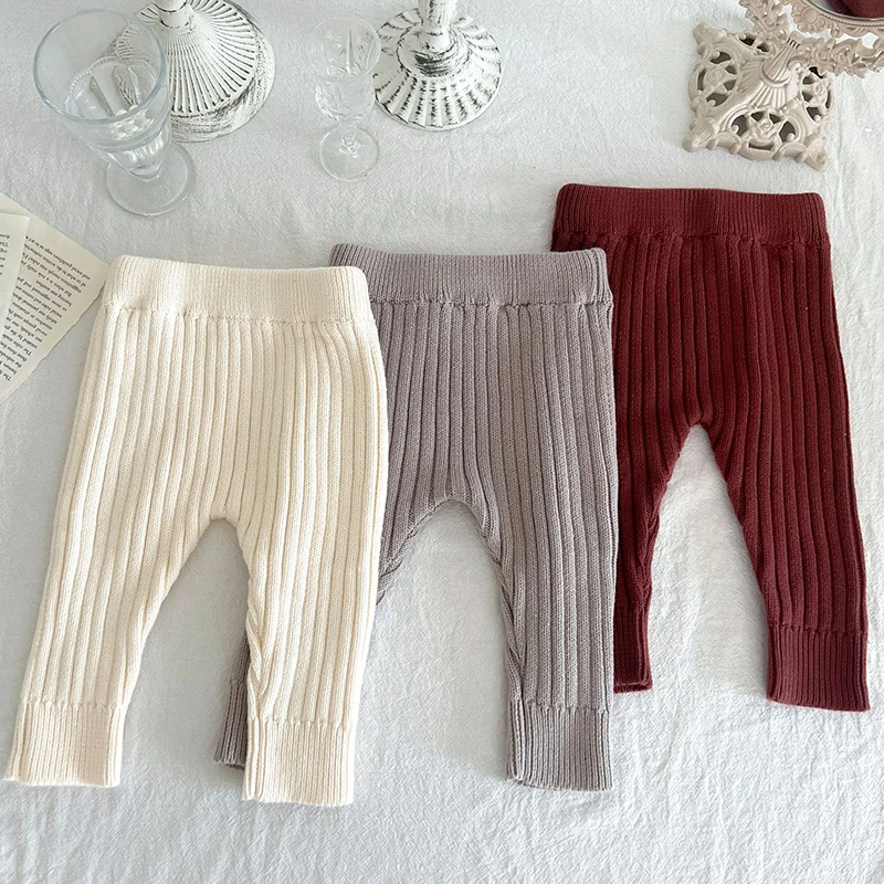 Kids Solid Color Knitting Elastic Waist Trousers Spring Autumn Toddler Baby Girls Boys Pants Casual Fashion Knitting Pants