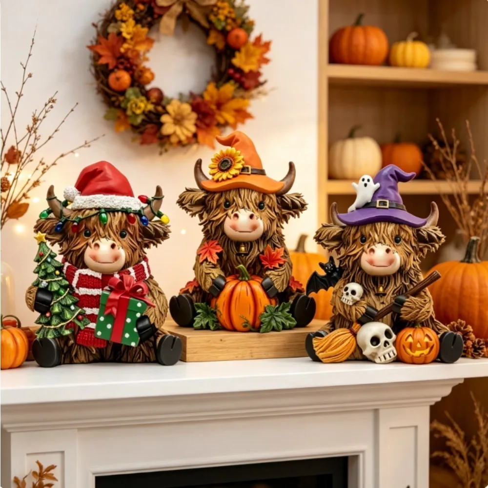 3-piece set of Scottish Highland cow wooden tabletop ornaments for autumn Halloween Christmas desktop fireplace decoration gift