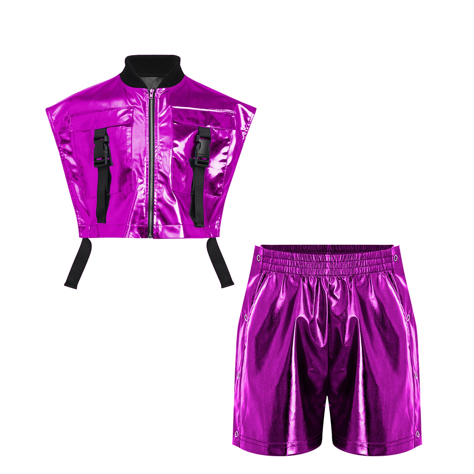 Kinder Mädchen Hip-Hop Jazz-Tanz-Outfit Aufführungskostüm mit seitlich geöffneter Metallweste mit Reißverschluss und seitlichen Druckknöpfen sowie glänzenden Shorts – Detail 14
