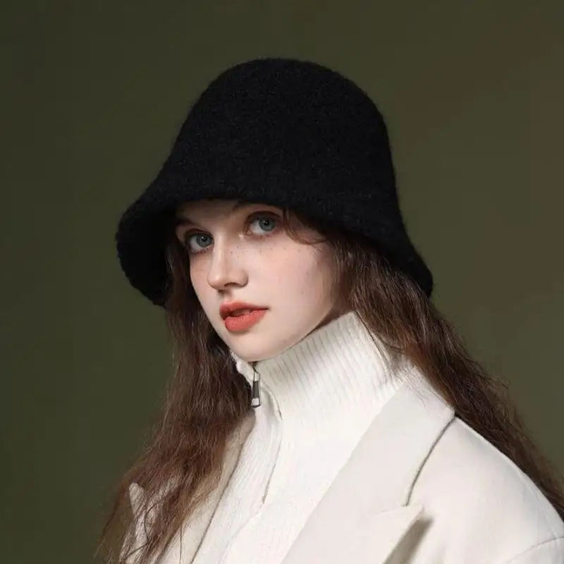 

Autumn Winter Wool Bucket Hat French Style Plush Fisherman Hats Elegant Minimalist Top Hat Fashion Casual Warm Panama Caps