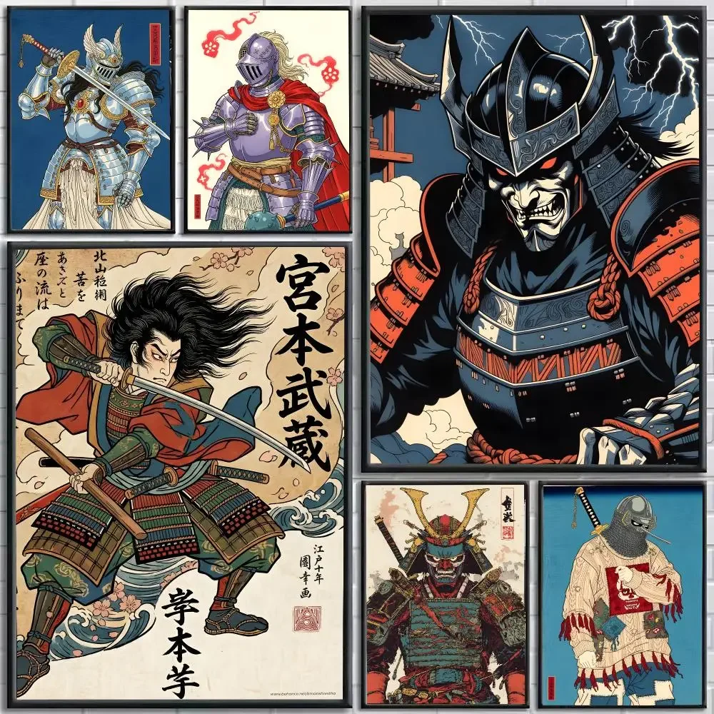 Artwork Ukiyo e Samurai Poster Self Adhesive HD Mural Wall Decals, Living Room Bedroom Home Decor Gift