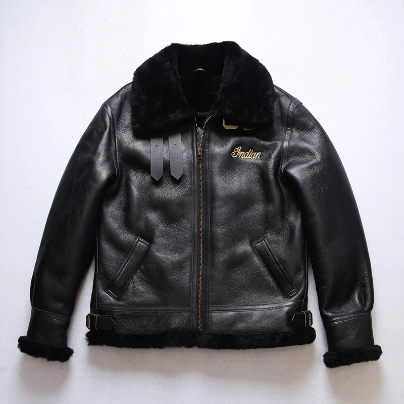 

Thickened winter keep warm Black fur jacket Shearling leather sheepskin fur jacket men's jacket