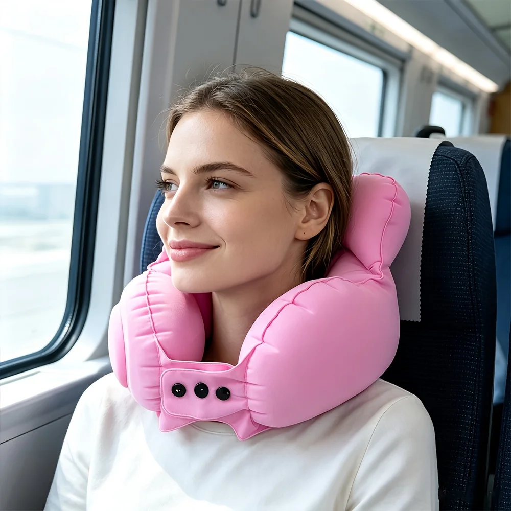 Tragbares, komprimierbares, aufblasbares Nackenkissen, tragbares Reise-Nackenstützkissen, aufblasbare Luft-Nackenstütze für Flugzeug und Nickerchen – Detail 4