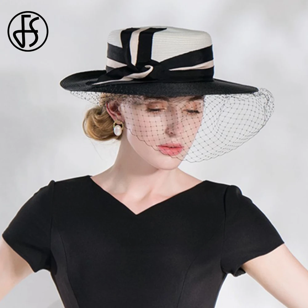 FS Formal Occasion Hats For Women With Veil Elegant Church Sun Visor Cap Ladies Black White Patchwork Fedoras Luxury Female 2024