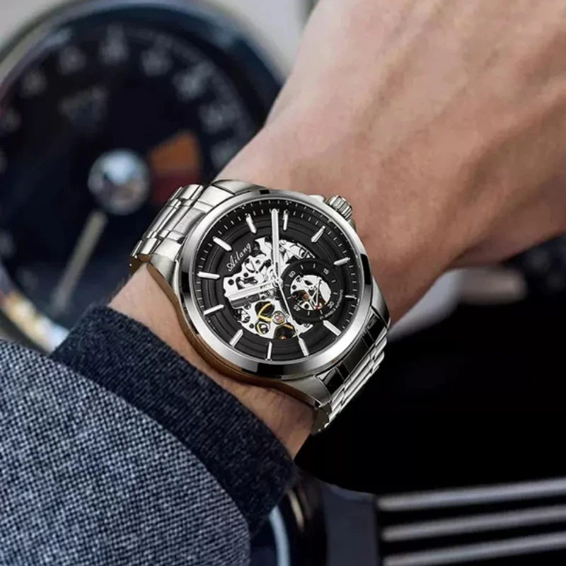 AILANG AL-8629B Luxury Men Automatic Mechanical Watch, Business Style Skeleton Dial, Stainless Steel Case, Transparent Hollow