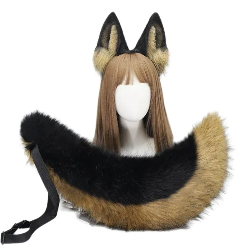 Animes Cosplays Wolf Ears and Tail Set Plush Fuzzy Animal Ears Hairhoop with Foxes Tail Dress Up Party Costumes