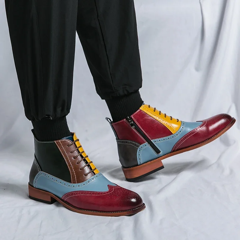 Colorful Men Boots with High Top Lace Up and Side Zipper PU Stitching Fashionable Carved Men Boots Business Banquet Men Boots