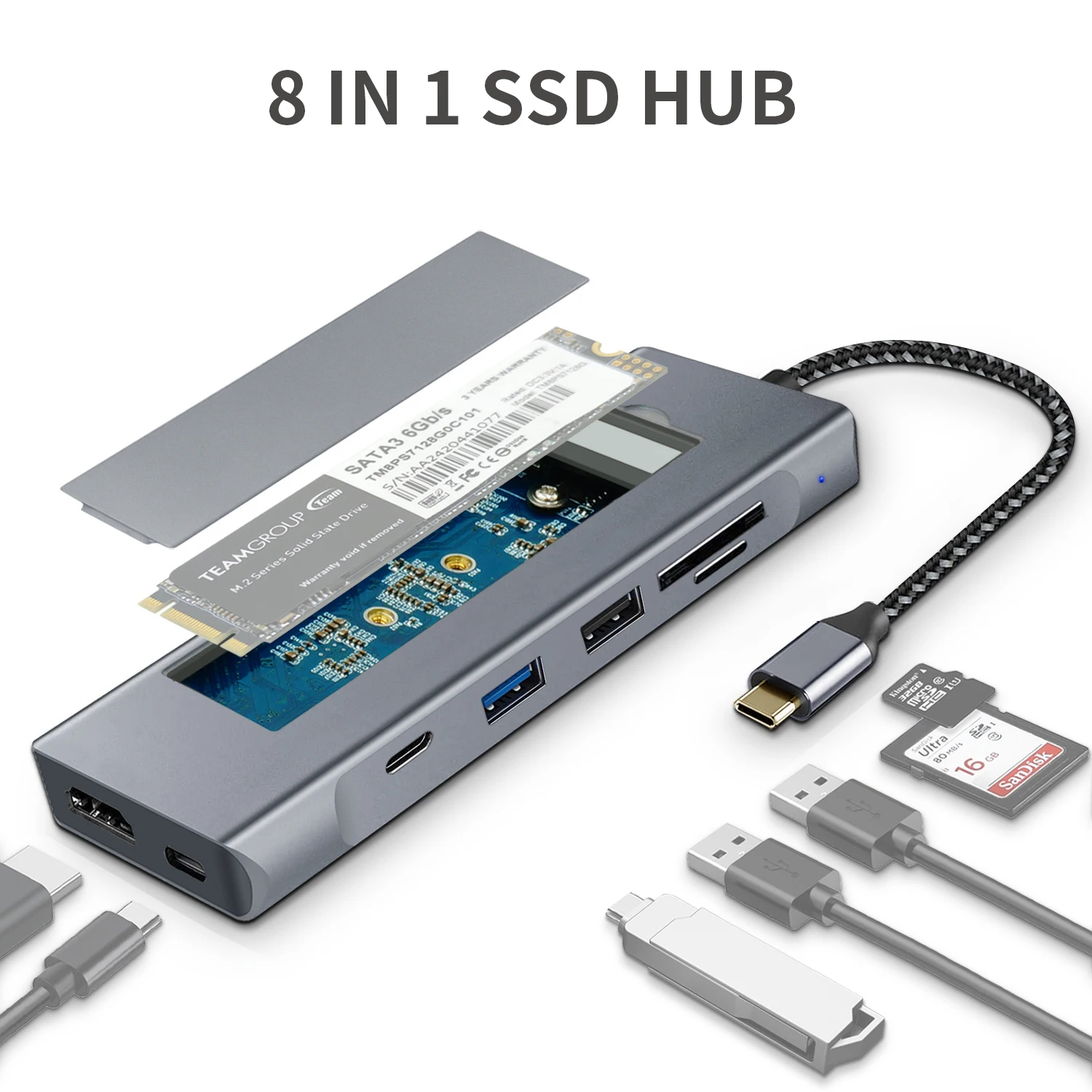 8 in 1 USB type C Hub with M.2 NVMe SATA SSD Enclosure 10Gbps  4K30Hz HDMI USB 3.2 Gen2 PD100W  USB3.0  M.2 NGFF SSD