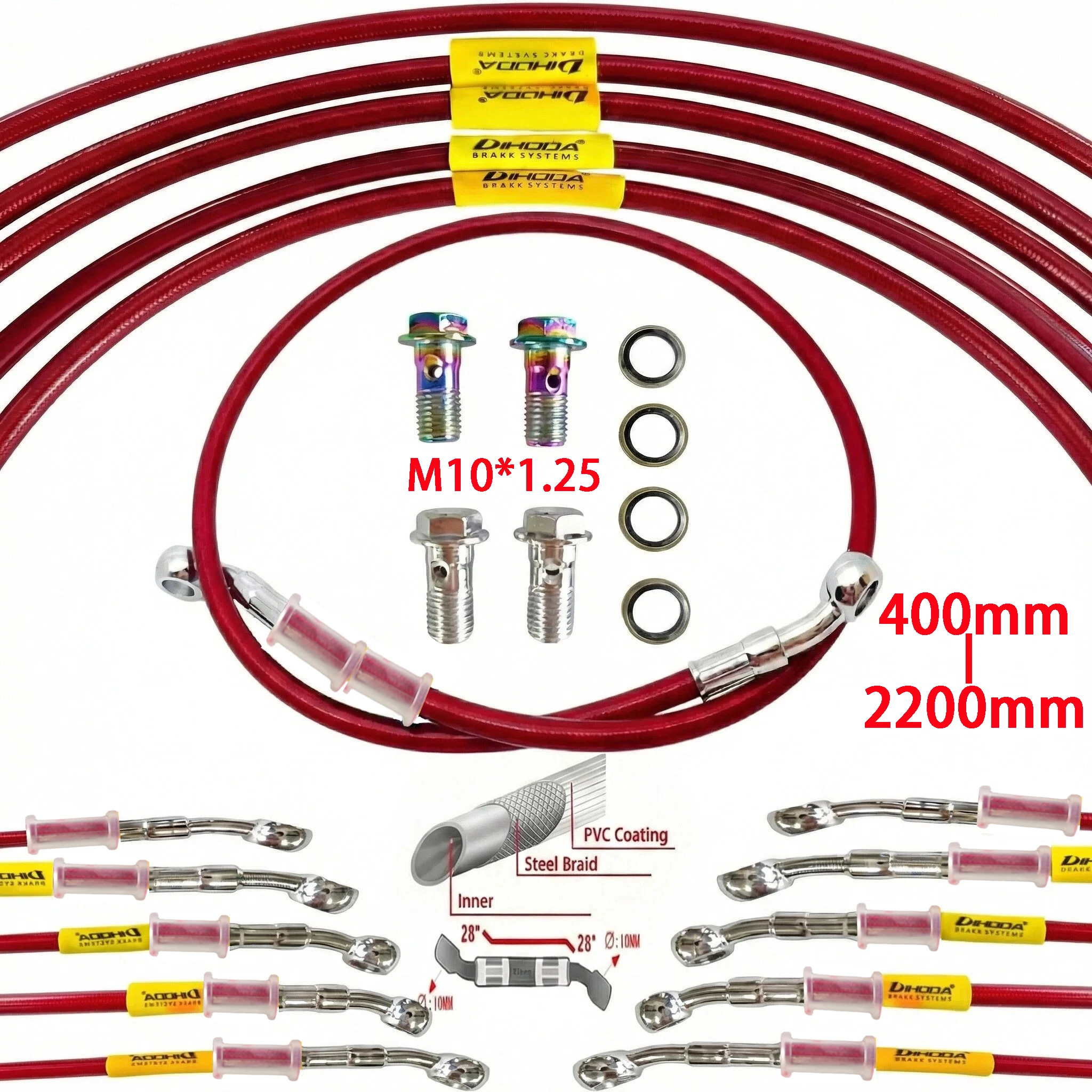 

Universal 400-2400mm Motorcycle Brake Hose Kit M10*1.25mm Red Braided Stainless Steel Hydraulic Line for Yamaha Honda Suzuki