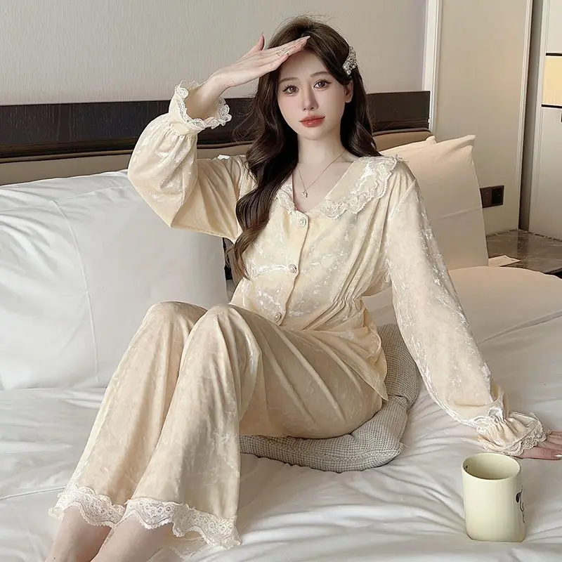 Can Worn Outside The Home Clothes Large Size Slimming Pyjamas Korean Version of Gold Diamond Velvet Sweet Princess Wind Two Sets