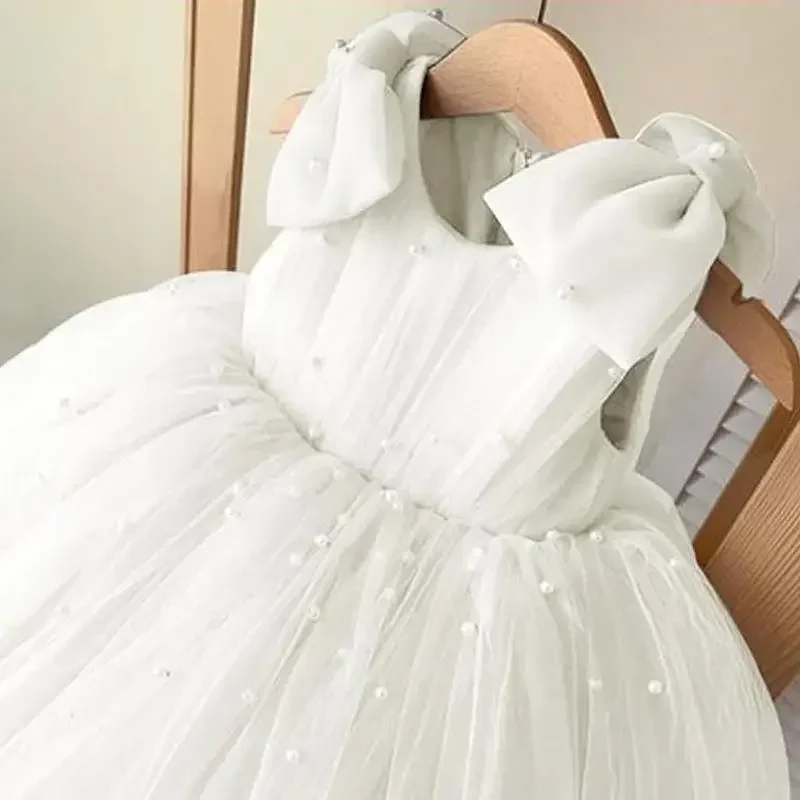 2024 Princess Flower Girls Dress For Wedding Kids Pink Beading Tulle Ball Gown Party Children Ceremonial Dresses Vestidos Largo