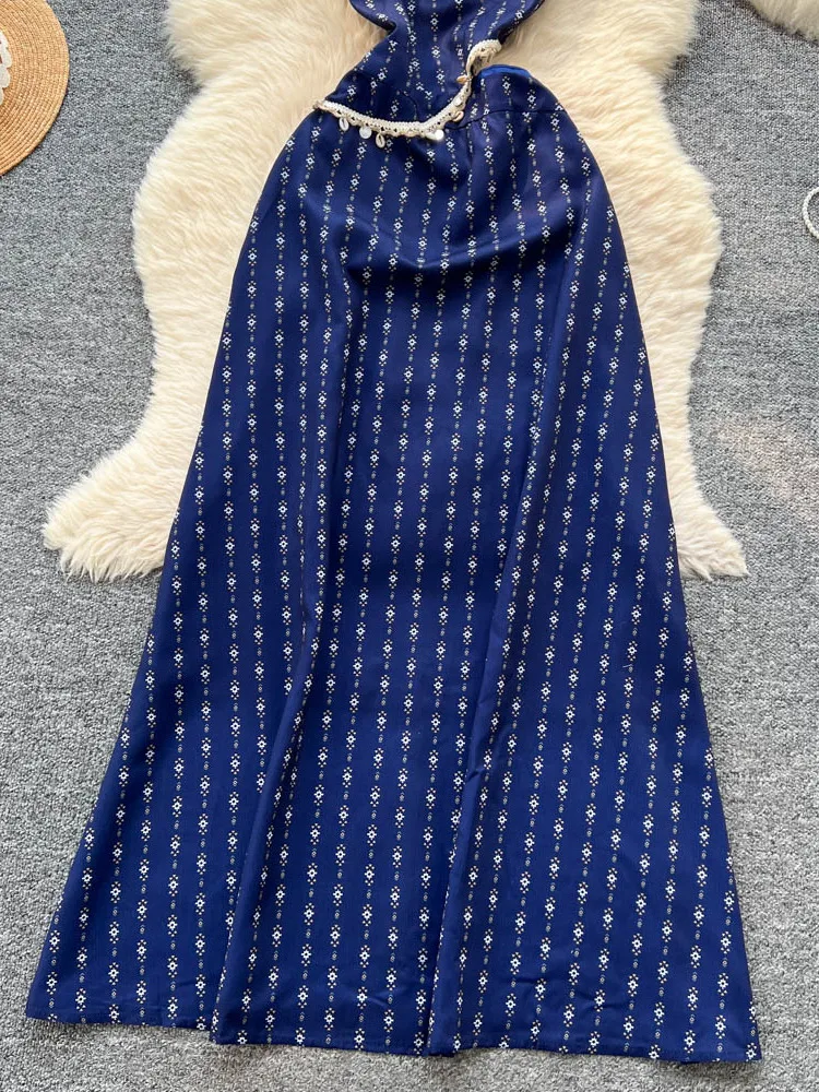 Czysta Urok Odkryte Ramiona Nadruk na Ramiączkach Damska Letnia Sukienka Wakacyjna z Wąską Taliaą Długa Spódnica Koreański Styl Wysoki Stan...