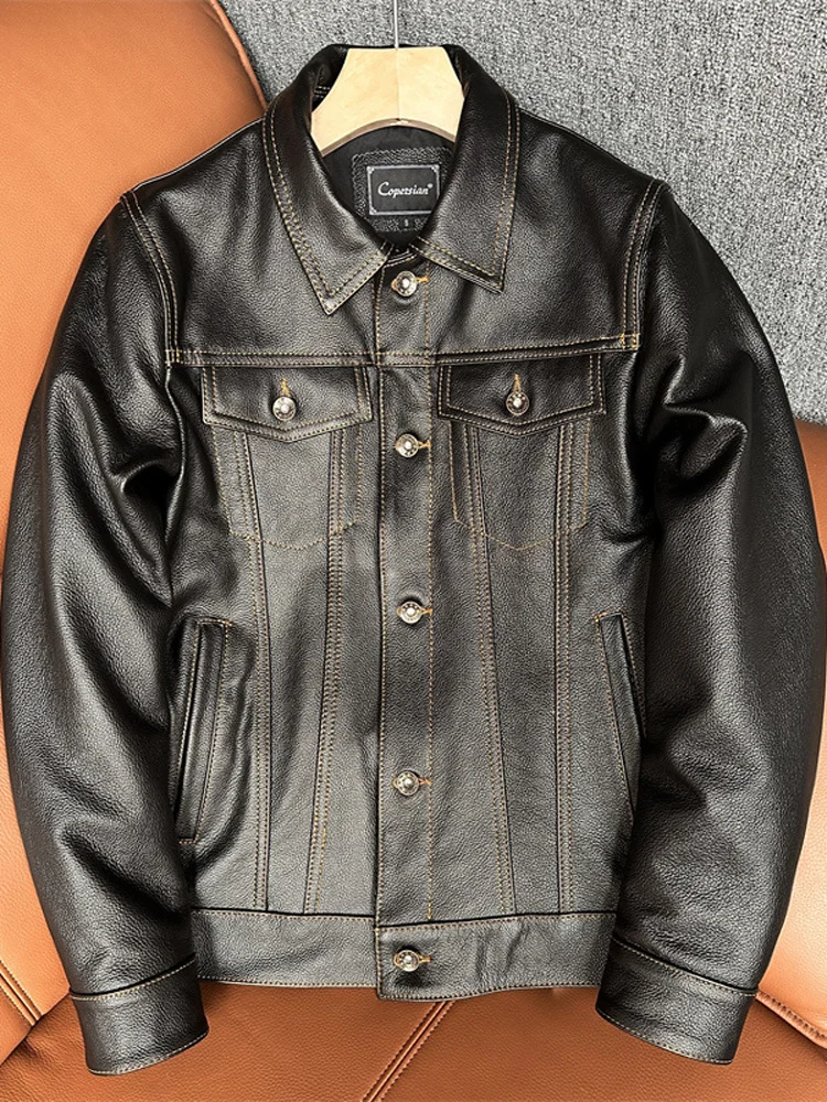 

Классическая мужская куртка из натуральной кожи 507, молодежная, из воловьей кожи высшего слоя, в корейском стиле, приталенная, с воротником, байкерская, джинсовая, модная